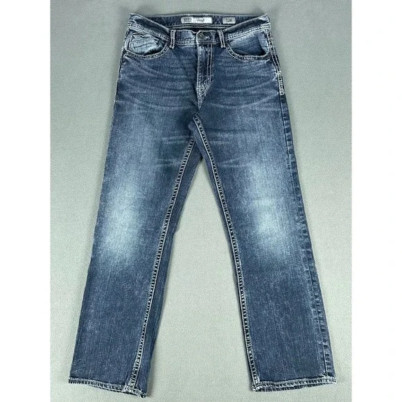 BKE Jeans Mens 32x31 Blue Jake Straight Whiskered Distressed Thick Stitch Denim - Picture 2 of 11